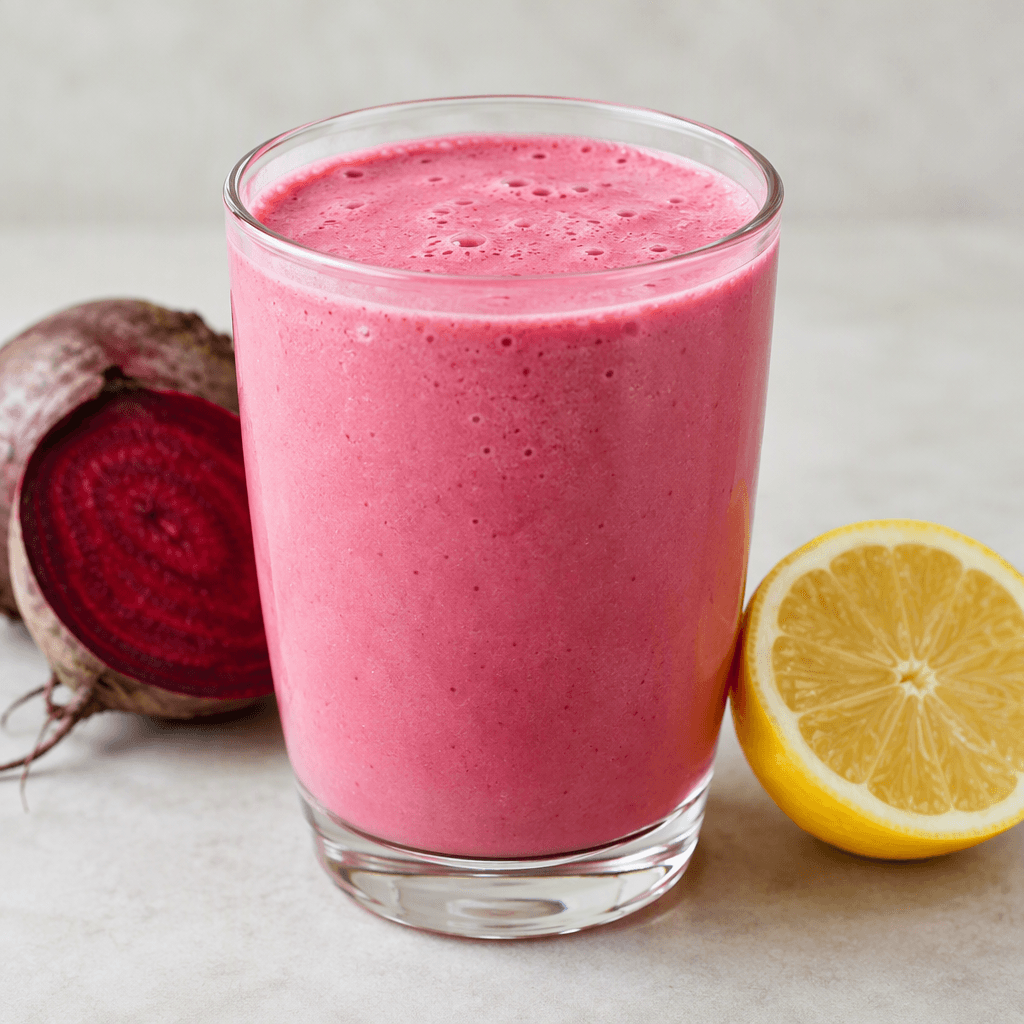 A smooth, opaque rosy-pink drink with a creamy kefir-like texture and a few tiny bubbles, served in a clear glass, with beetroot-red tones and a lemon slice beside it.