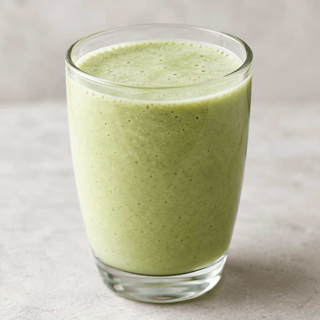 A pale green, creamy drink with a smooth, slightly frothy surface, served in a clear glass.