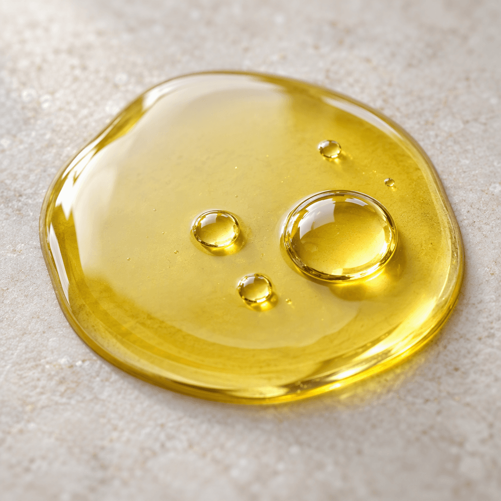 A small pool of clear, pale golden oil with a smooth, glossy surface and a few rounded droplets.