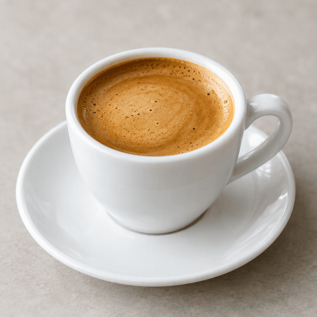 An opaque, rich brown coffee with a smooth, creamy tan foam on top, served in a small white porcelain cup on a matching saucer.