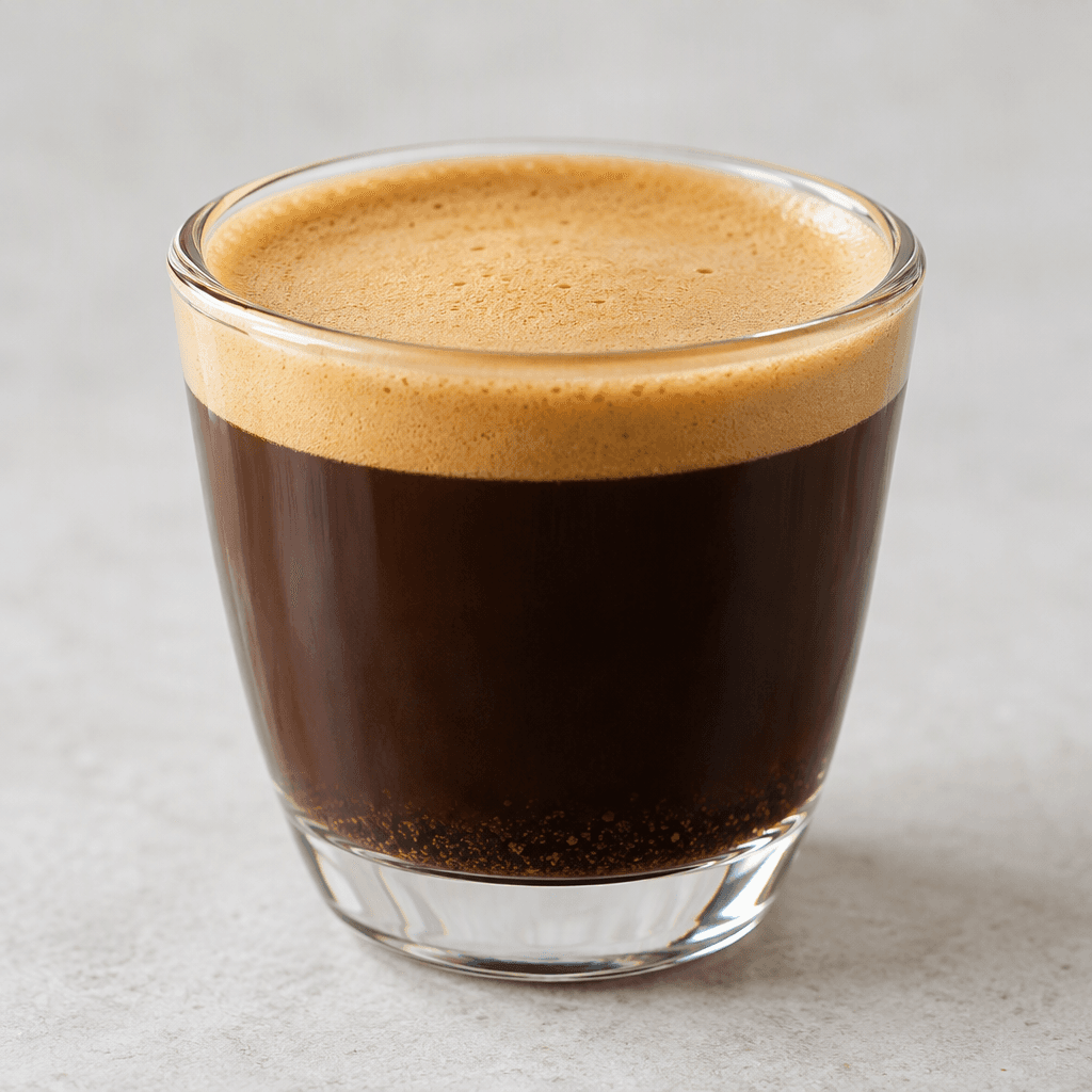 A small cup holds a dark brown, opaque coffee with a smooth, dense layer of tan foam on the surface, served with a few fine coffee grounds settled at the bottom.
