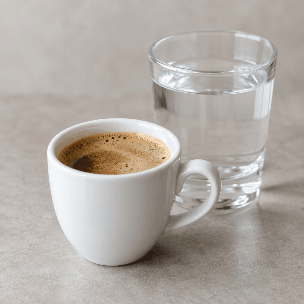 A small cup holds dark brown coffee with a thin layer of pale tan foam, beside a clear glass of water.