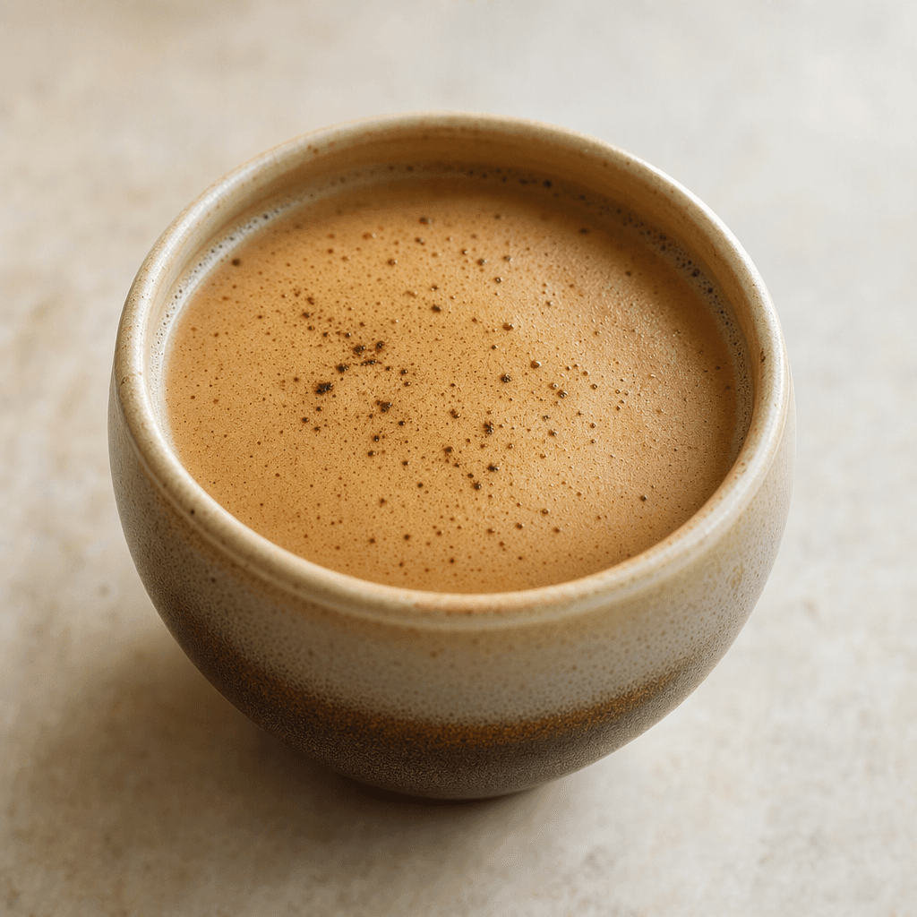 A small cup holds opaque, creamy tan-brown coffee with a fine layer of pale foam and a few darker specks on its surface.