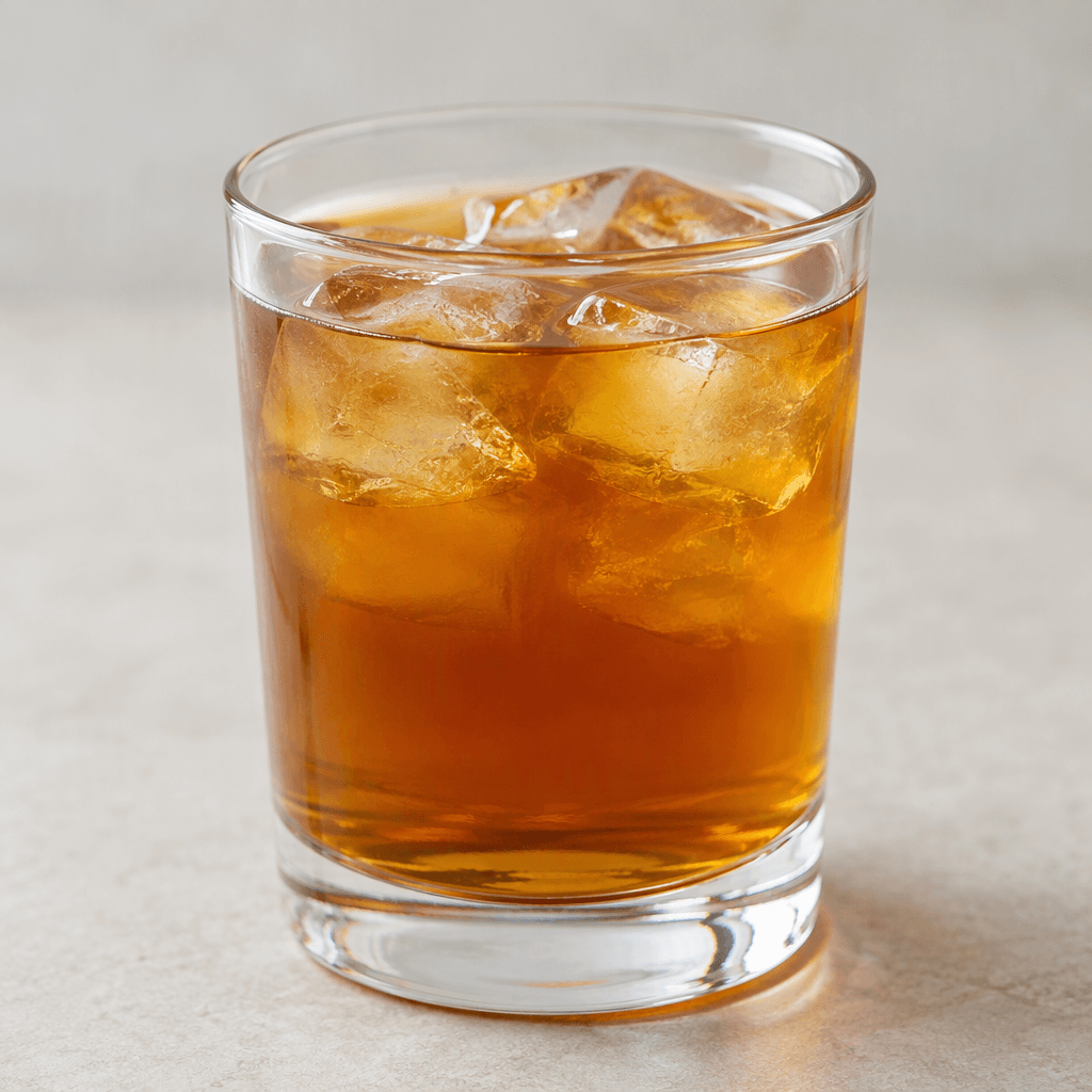 A translucent amber-brown drink is served in a clear glass, with a smooth surface and a few visible ice cubes.