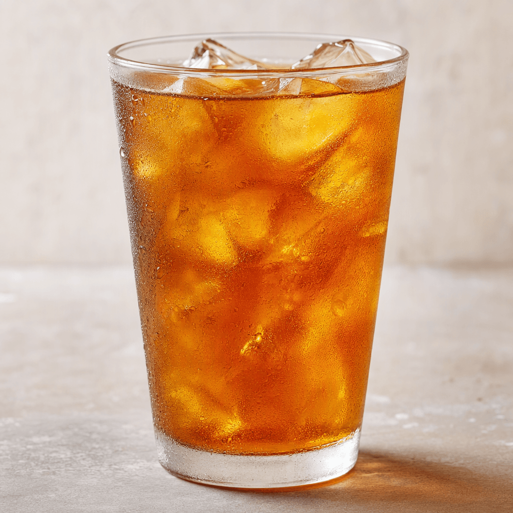 A clear glass filled with translucent amber iced tea and visible ice cubes, with condensation beading on the outside.