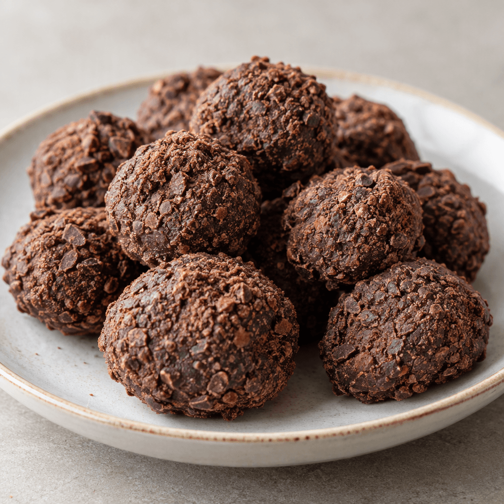 Small, roughly round chocolate-brown sweets with a slightly uneven, crumbly-looking surface are arranged together on a plate.