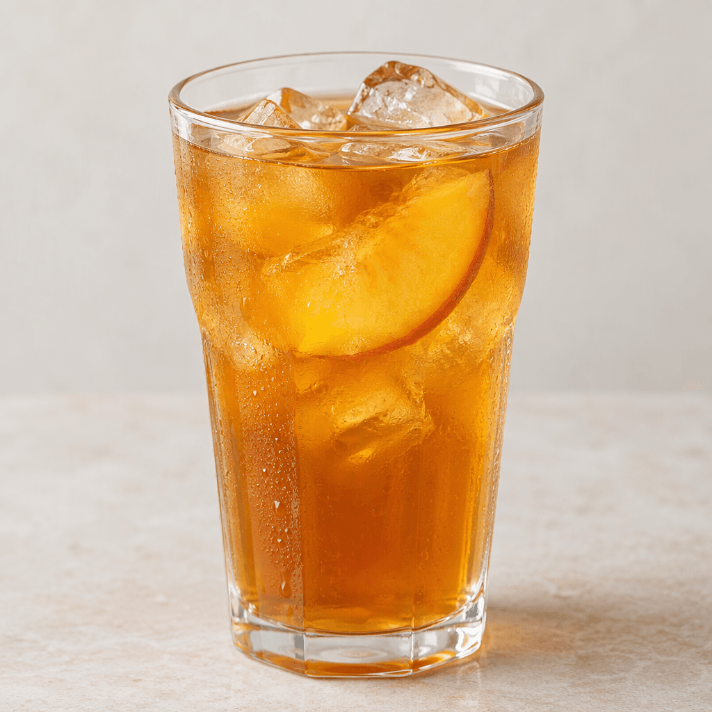 A clear glass of translucent golden-amber iced tea with ice cubes and a pale orange peach slice visible in the drink.