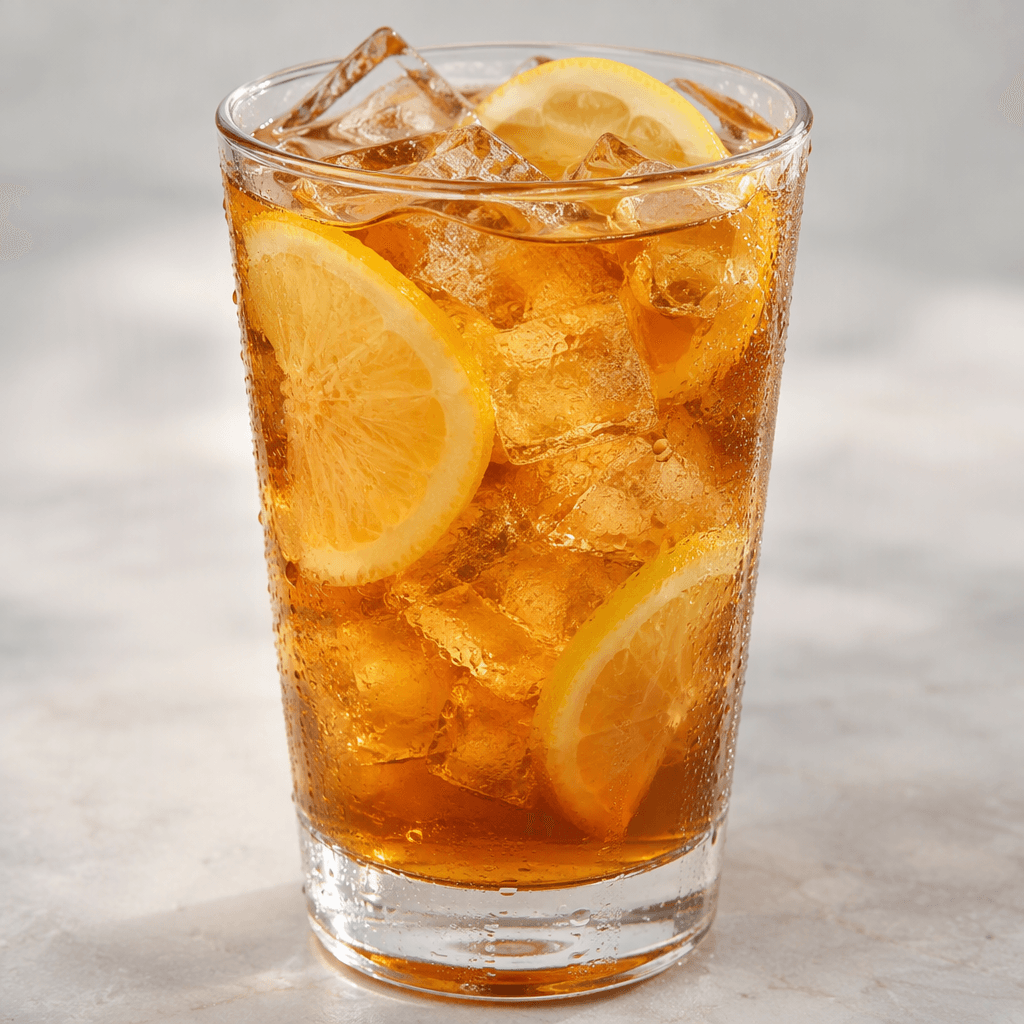 A translucent pale amber drink served in a clear glass over ice, with thin lemon slices visible among the cubes.