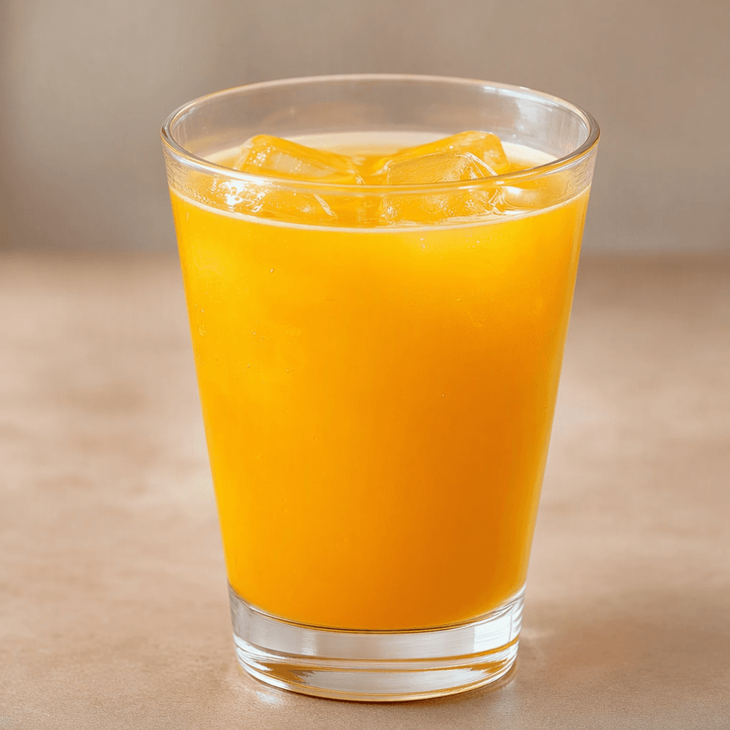 A glass of translucent golden-orange mango drink, with a smooth surface and a few ice cubes.
