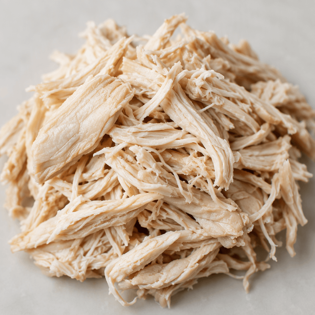 Loose strands of pale beige chicken breast form a moist, irregular pile, with thin fibrous shreds overlapping one another and a few larger pieces visible among them.