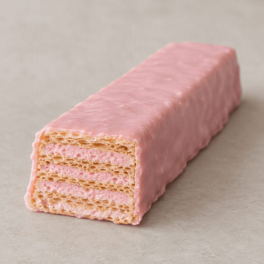 A slim rectangular wafer bar with crisp, thin golden wafer layers alternating with pale pink strawberry cream, its outside covered in a smooth light-pink coating and a cut end showing the layers.