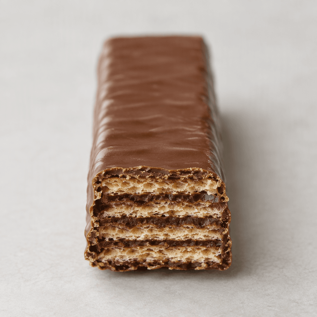 A long rectangular wafer bar coated in smooth brown chocolate, with crisp, pale golden wafer layers and thin dark cocoa-cream fillings visible at a broken end.