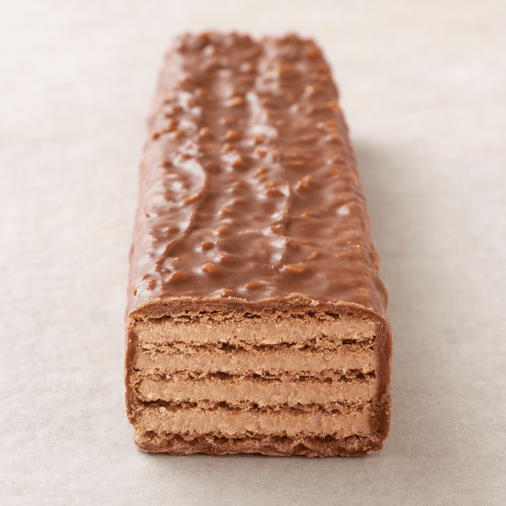 A long rectangular chocolate-brown wafer bar with a ridged surface and small nut pieces, with crisp wafer layers and pale hazelnut filling visible at the broken end.