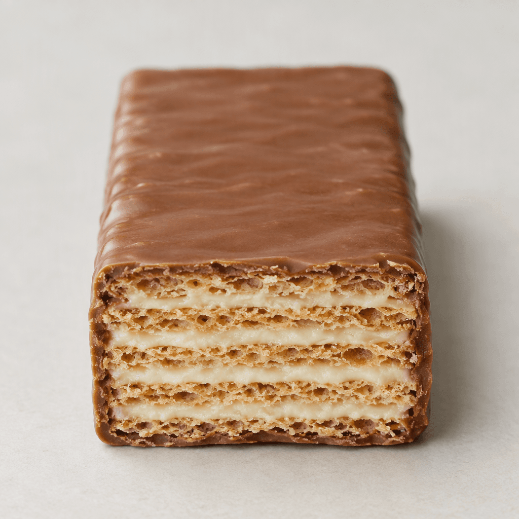 A rectangular wafer bar coated in smooth light-brown milk chocolate, with thin crisp wafer sheets and pale cream filling visible in its layered cross-section.