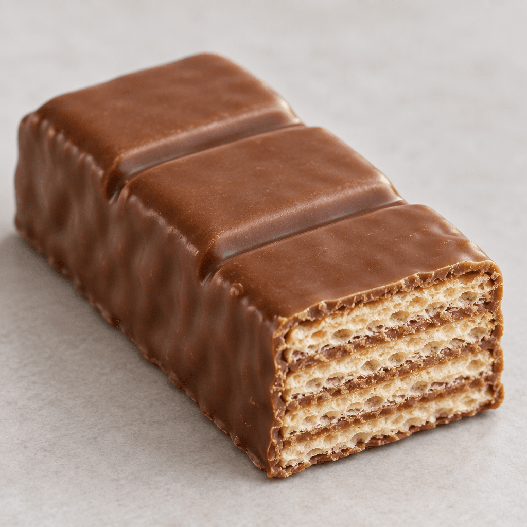 A rectangular chocolate-coated wafer bar with three raised sections, a smooth milk-chocolate-brown exterior, and crisp pale wafer layers with light filling visible at the cut end.