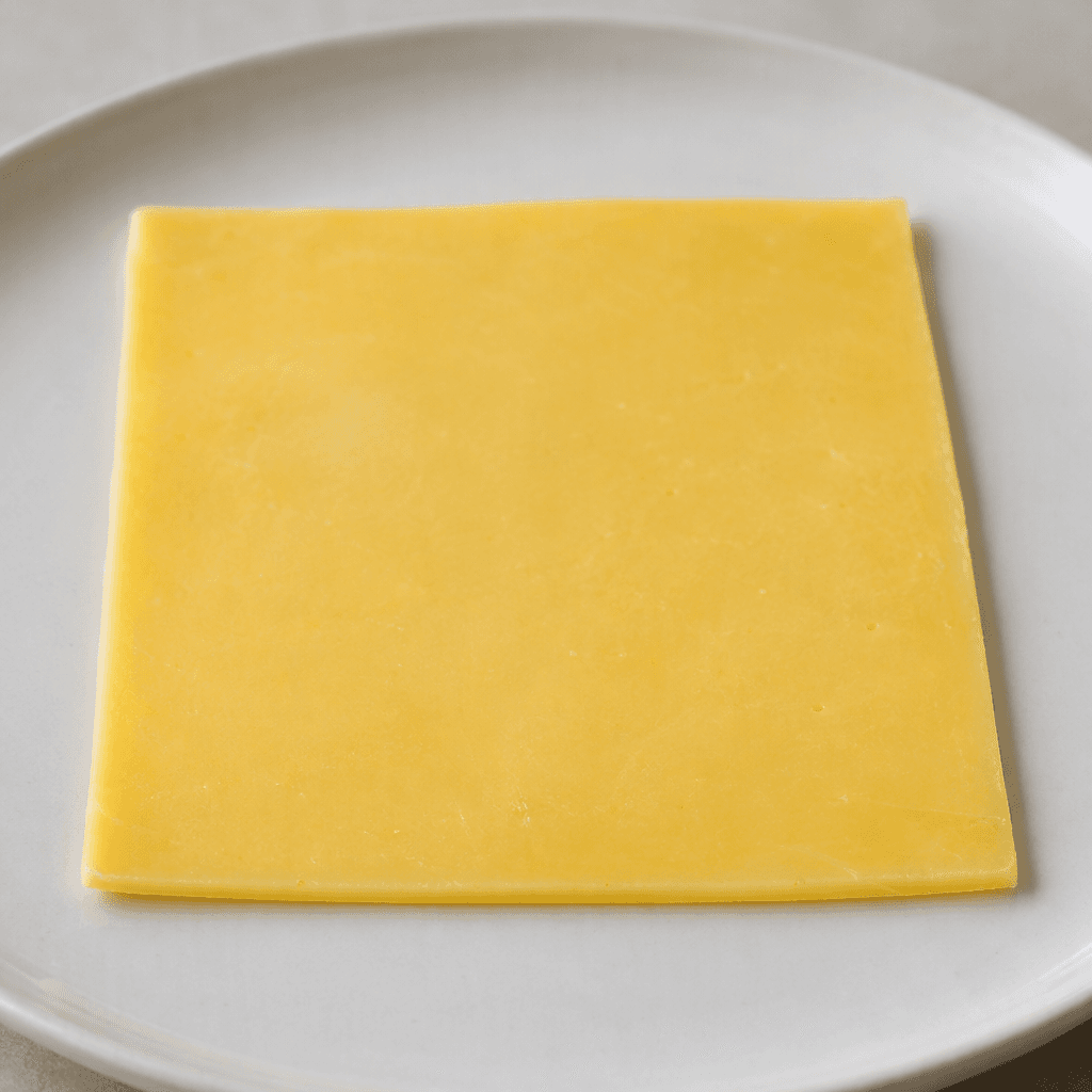 A thin, square slice of Gouda cheese with smooth edges, a uniform pale golden-yellow colour, and a firm yet slightly flexible surface, laid flat on a plain plate.