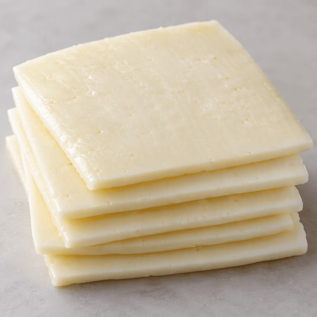 Thin, flat slices of white cheese are arranged in a neat stack, showing a smooth, slightly moist surface and clean, straight edges.