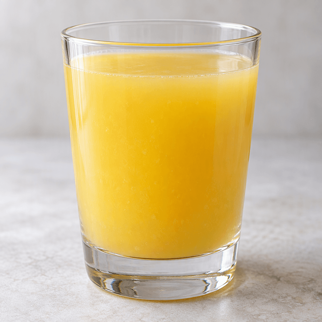 Golden-yellow, slightly cloudy pineapple juice fills a clear drinking glass, with a smooth surface and no visible garnish.