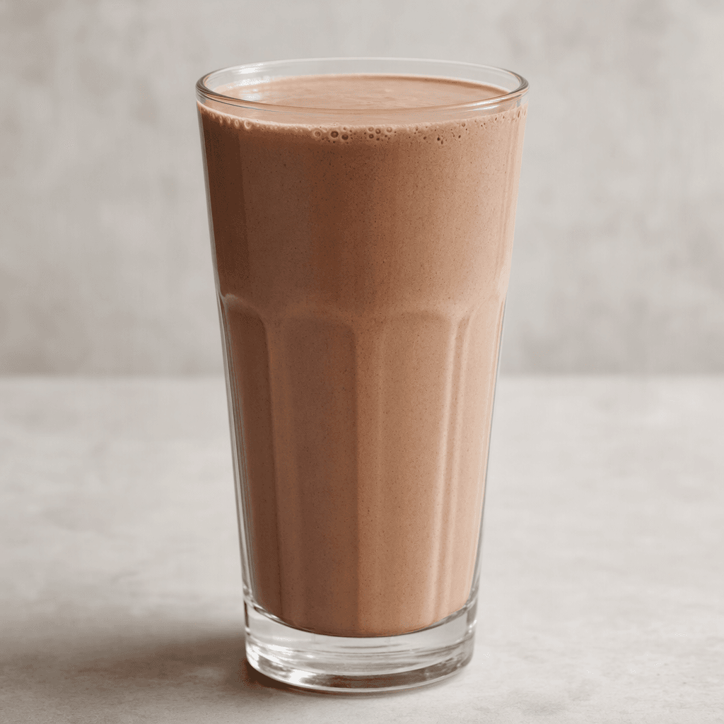 A tall glass holds an opaque, creamy light-brown chocolate milkshake with a smooth surface and a few tiny bubbles near the rim.