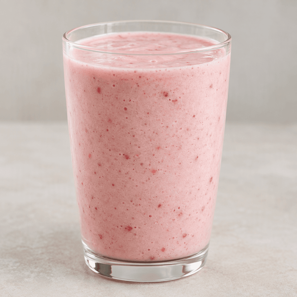 A thick, smooth pale-pink strawberry drink fills a clear glass, with a few tiny red fruit flecks visible throughout.