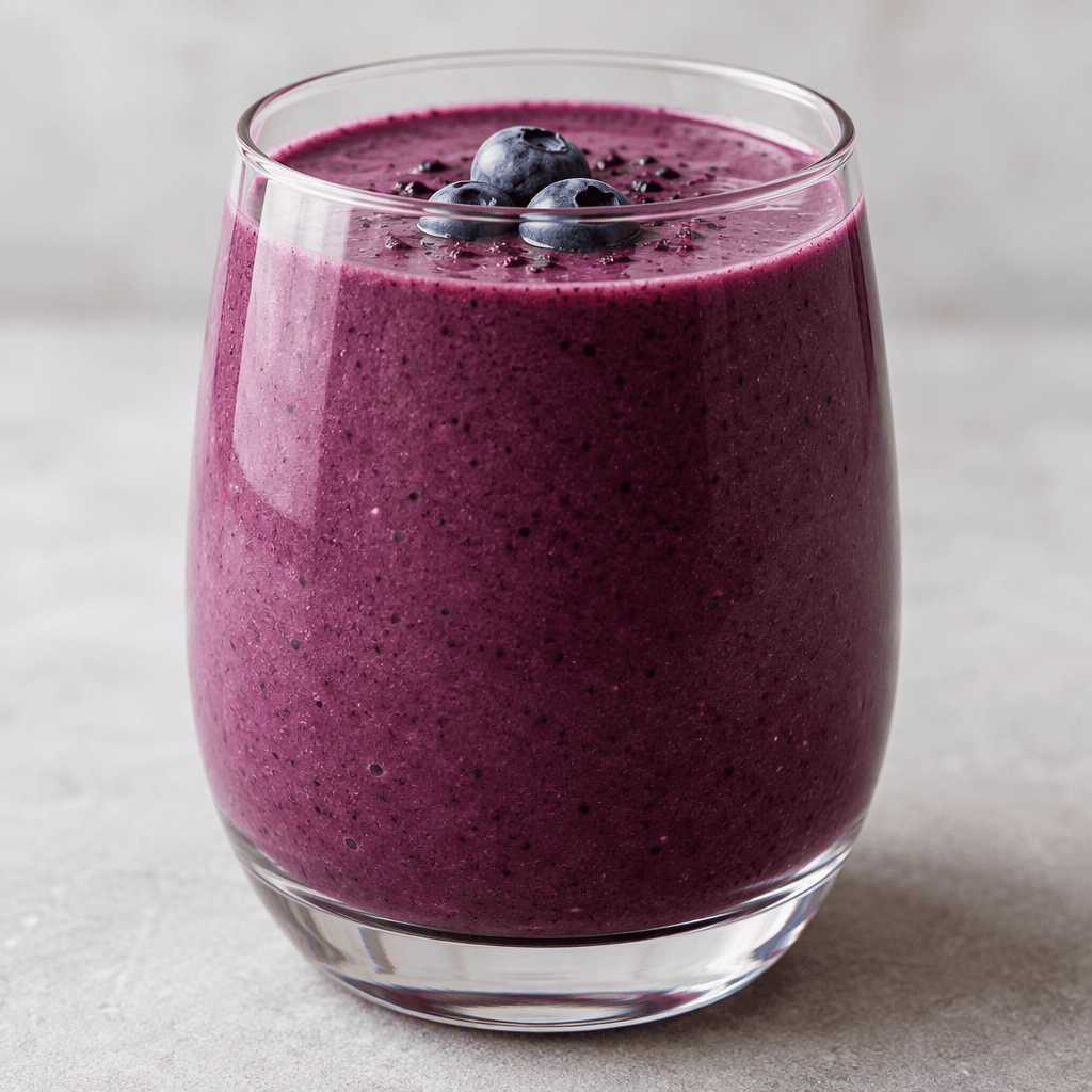 A smooth, opaque deep-purple fruit drink served in a clear glass.