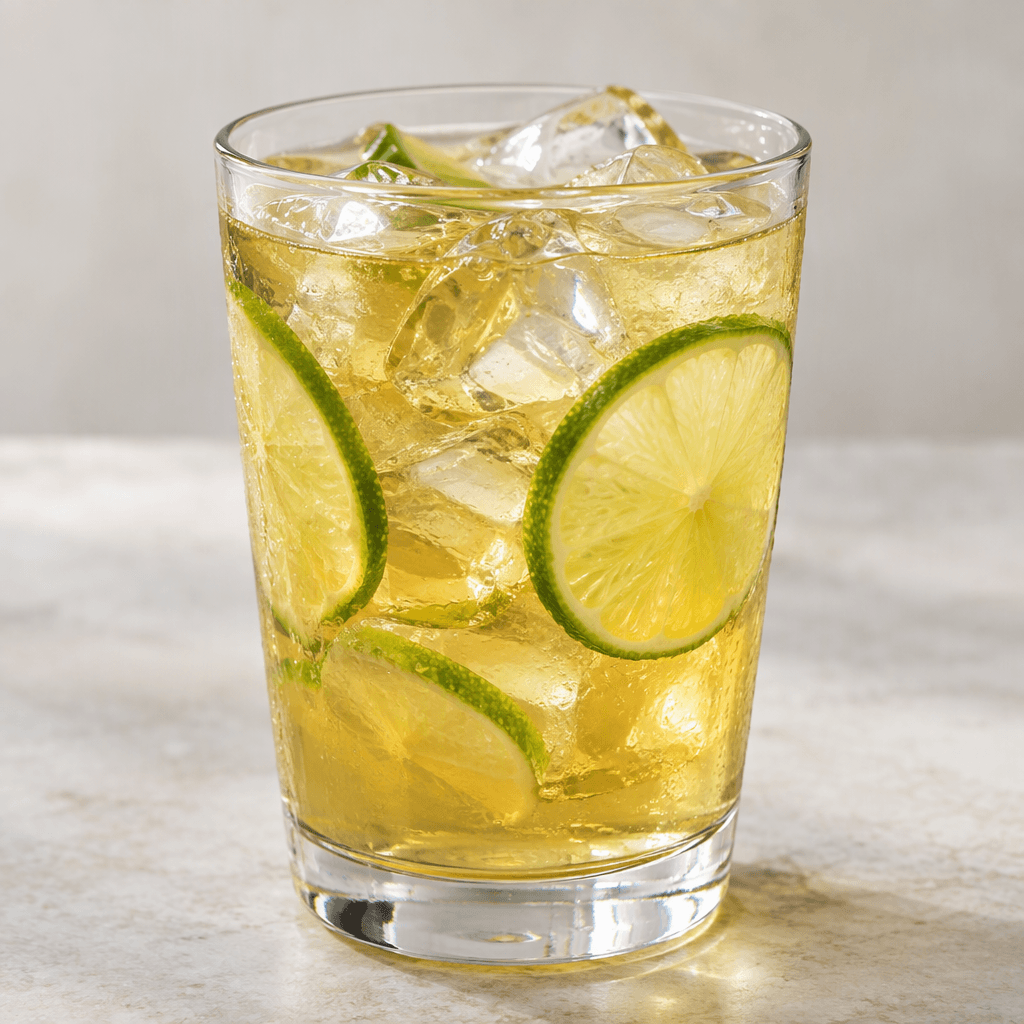 A clear glass of pale greenish-gold iced tea with translucent ice cubes and thin lime slices, catching light through the drink.
