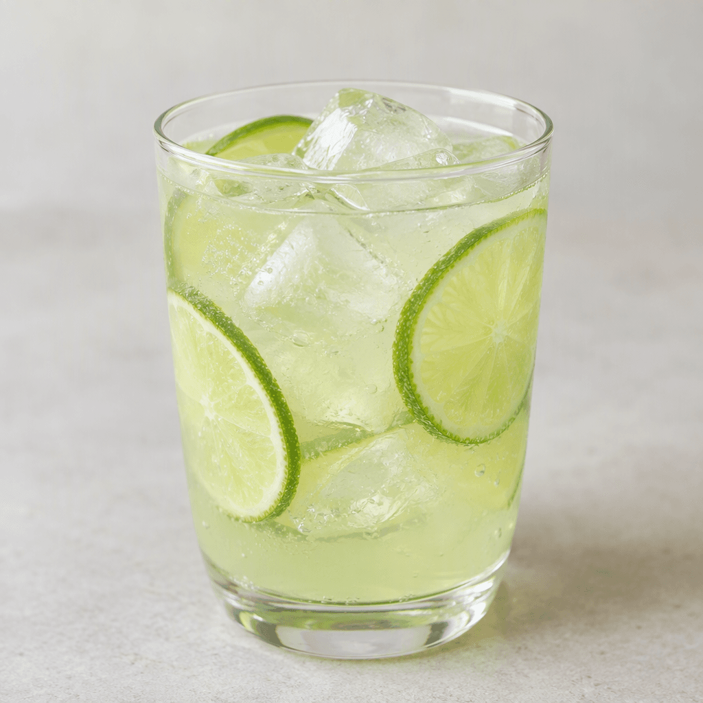 A pale, translucent green drink fills a clear glass, with ice cubes and thin lime slices visible inside.