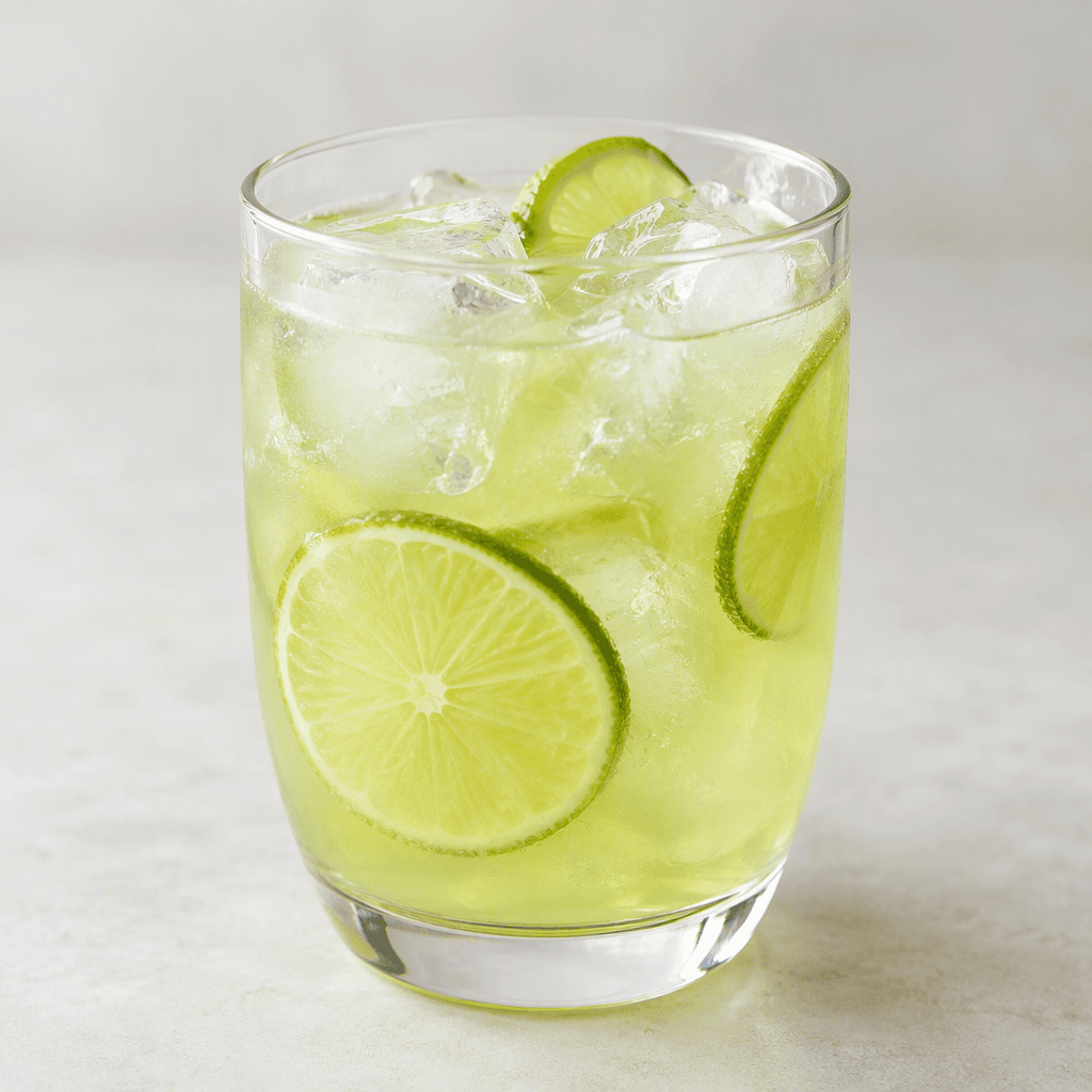 A translucent, pale lime-green drink sits in a clear glass, with ice cubes and thin lime slices visible.