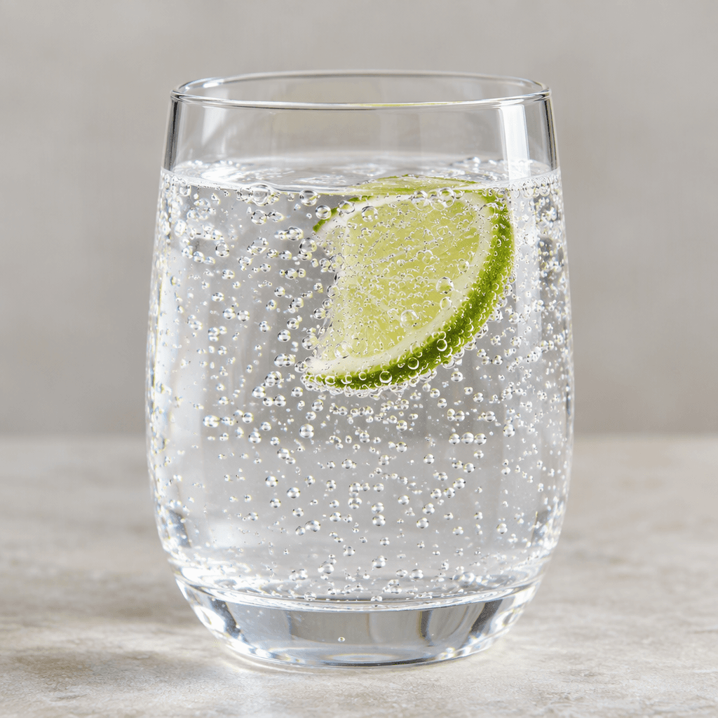 Clear, colorless sparkling water with fine bubbles rising through it, served in a transparent glass with a thin lime slice.