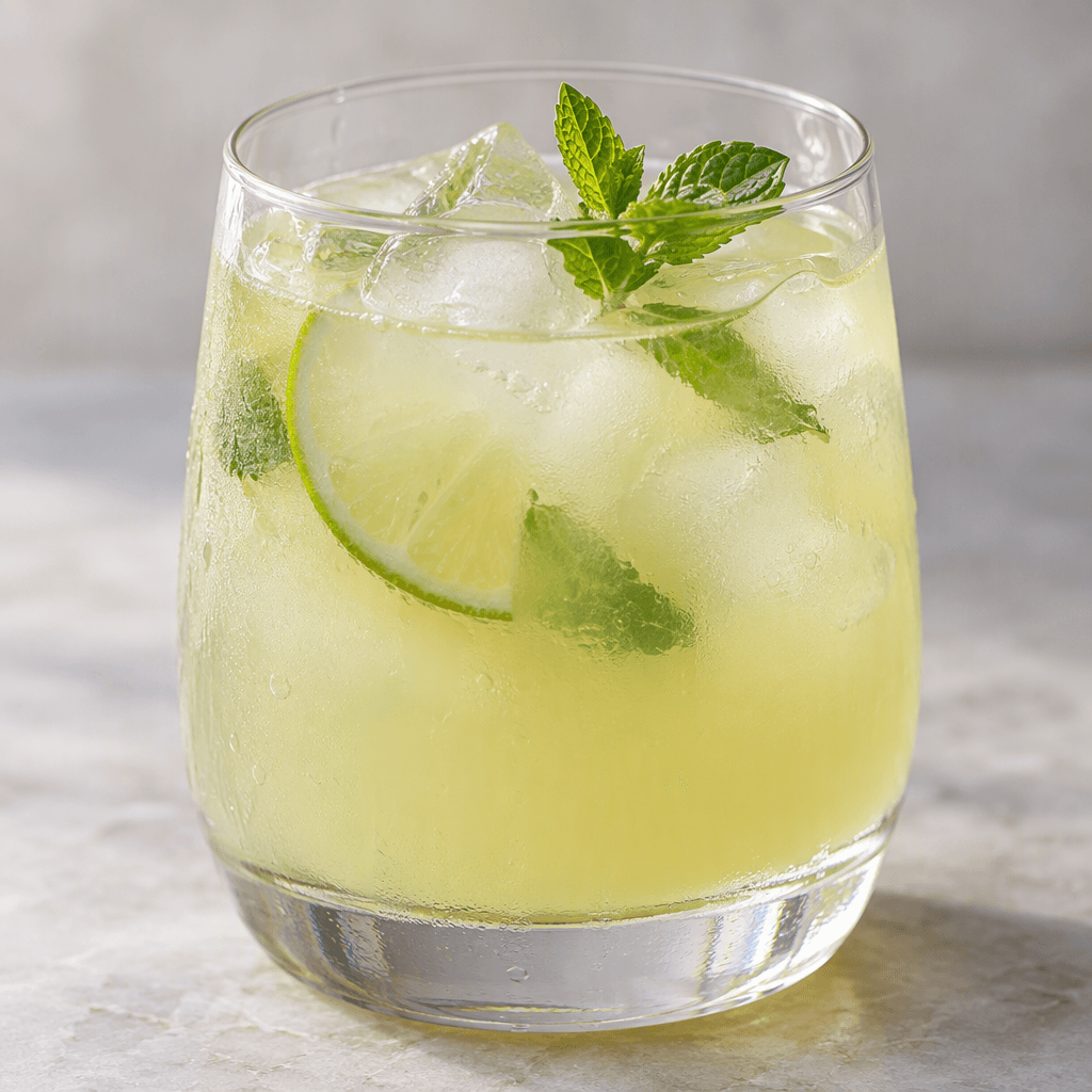 A translucent, pale yellow-green drink sits in a clear glass, with a slightly cloudy appearance and a few ice cubes.