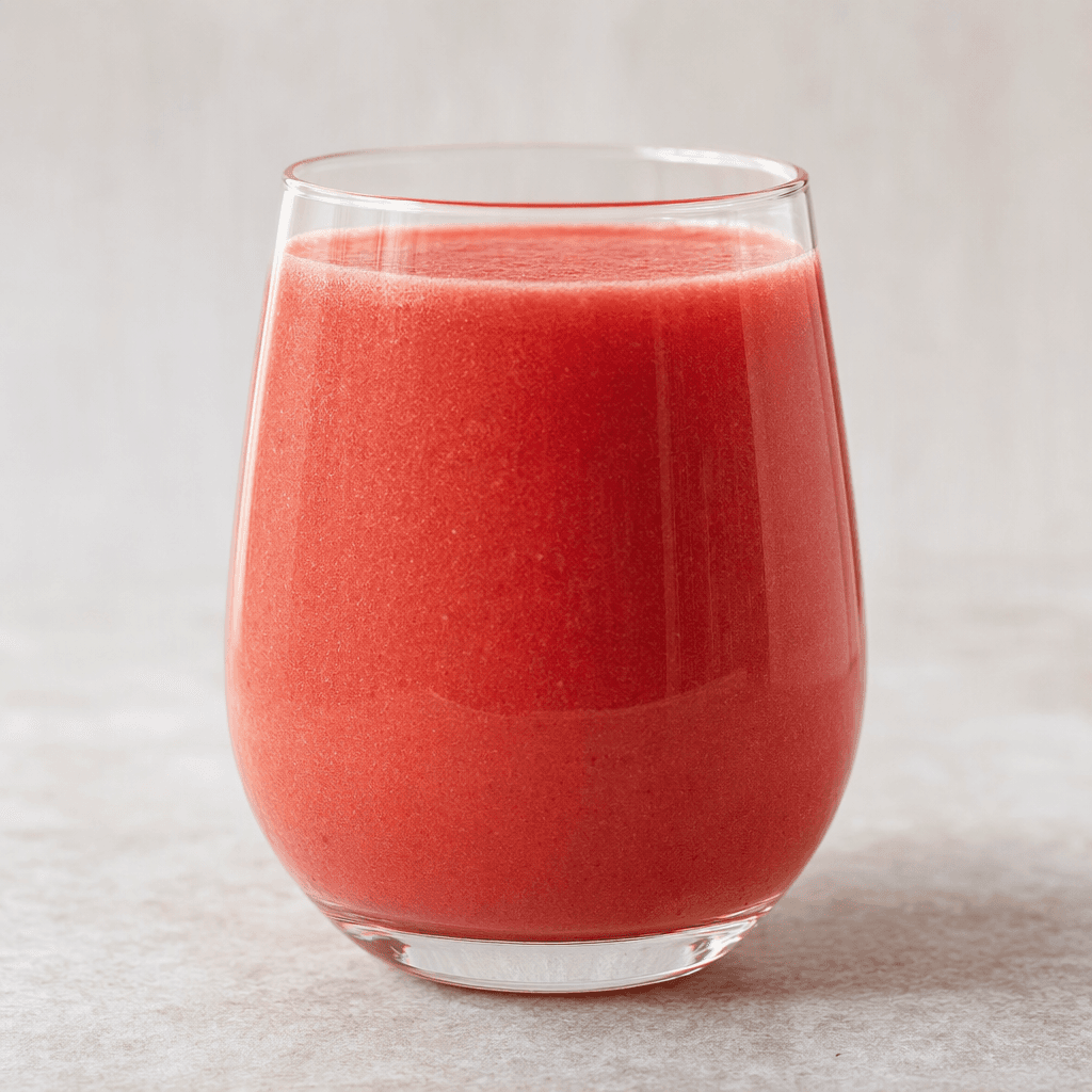 A glass filled with a smooth, opaque pink-red watermelon and strawberry drink, with no visible fruit pieces or garnish.