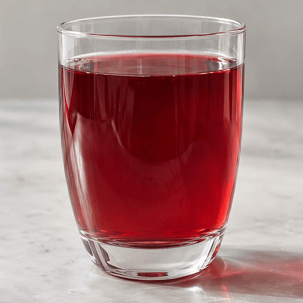 A deep ruby-red, slightly translucent fruit drink fills a clear glass, with a smooth surface and no visible pulp.