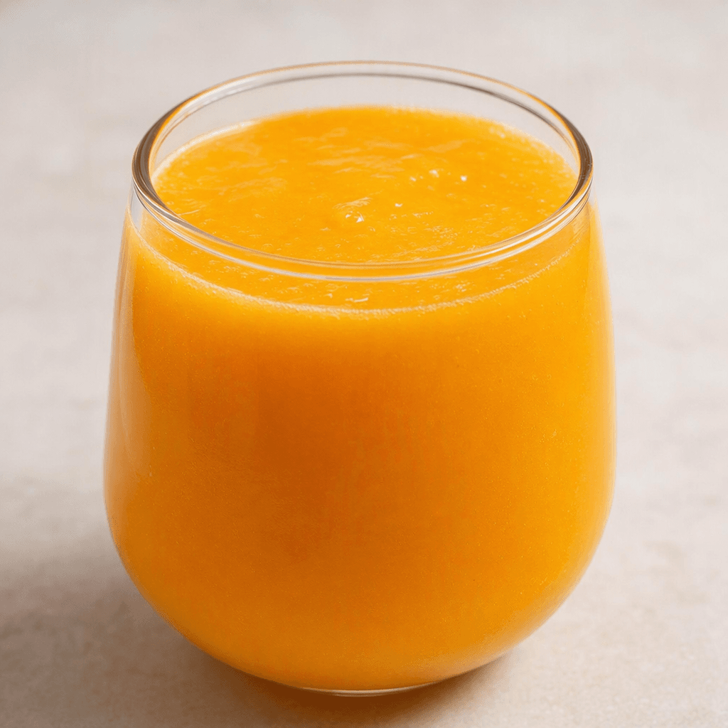 Opaque golden-orange mango juice with a smooth, slightly pulpy texture fills a clear glass.