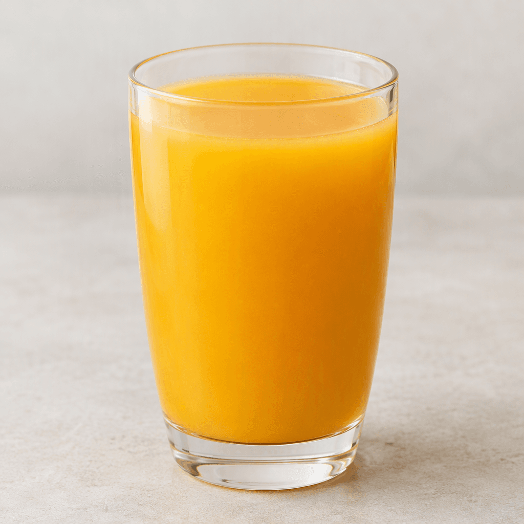 Golden-orange fruit juice fills a clear glass, with a smooth, slightly cloudy surface.