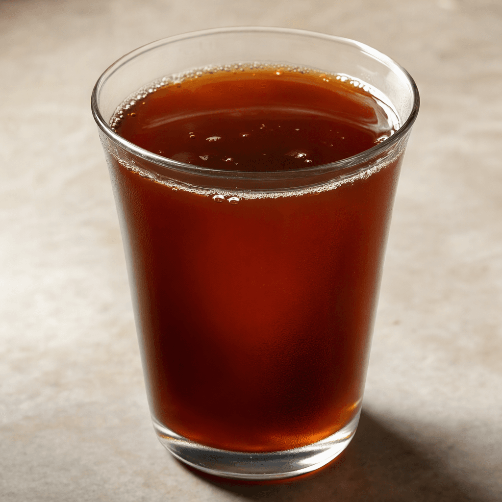 A dark brown, slightly translucent drink with a smooth surface and a few small bubbles, poured into a clear glass.