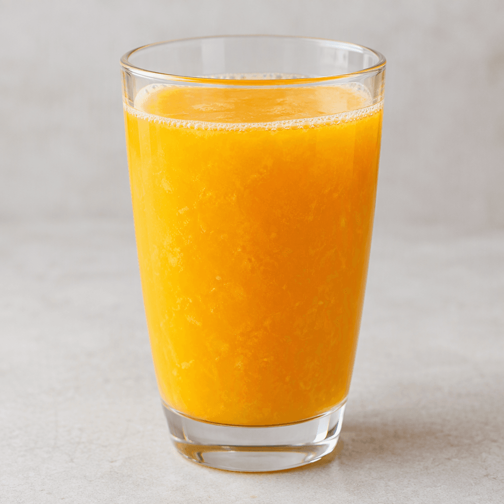 Fresh orange juice sits in a clear glass, its bright orange liquid slightly cloudy with fine pulp visible.