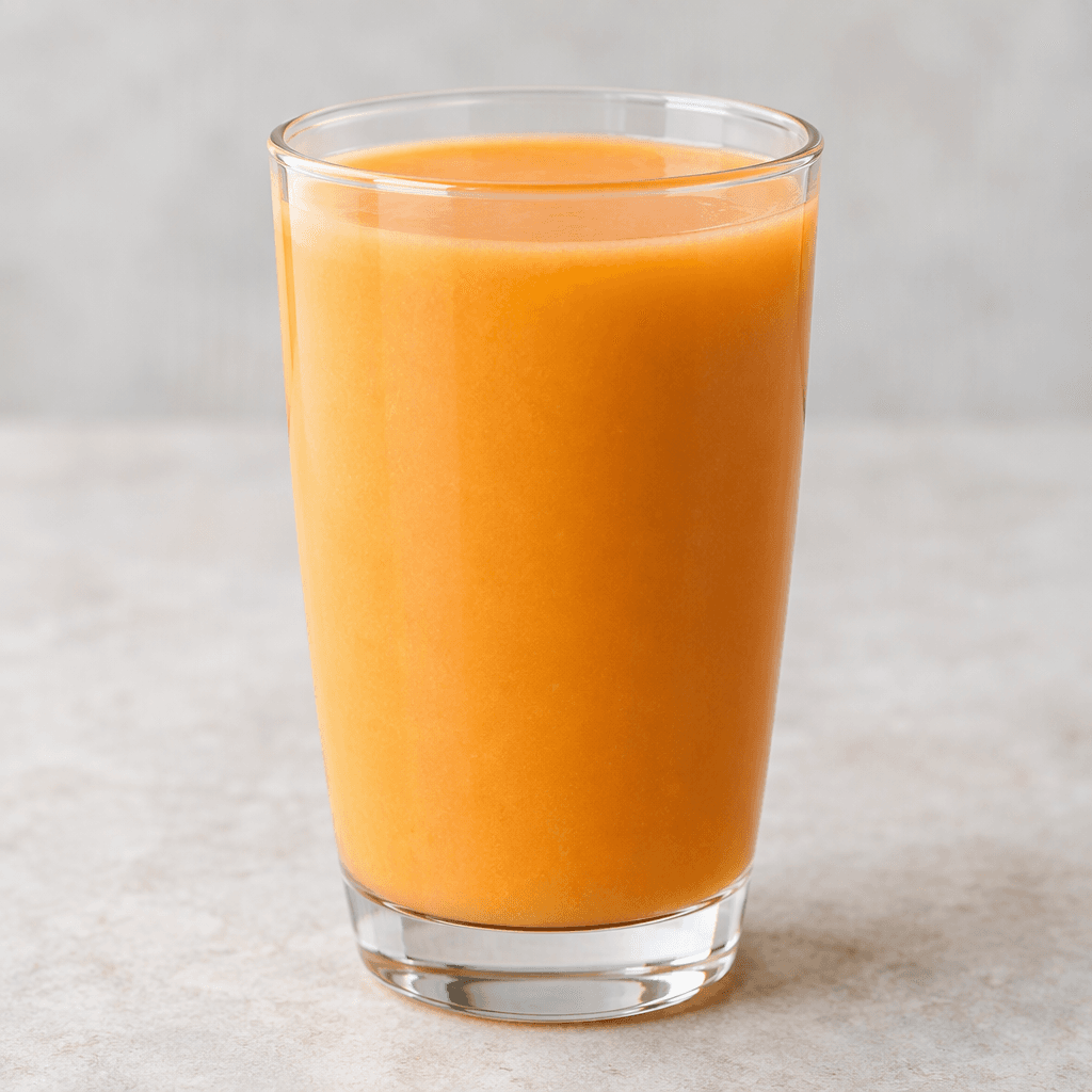 Opaque, smooth peach-orange nectar fills a clear glass, with an even color and no visible pieces of fruit.