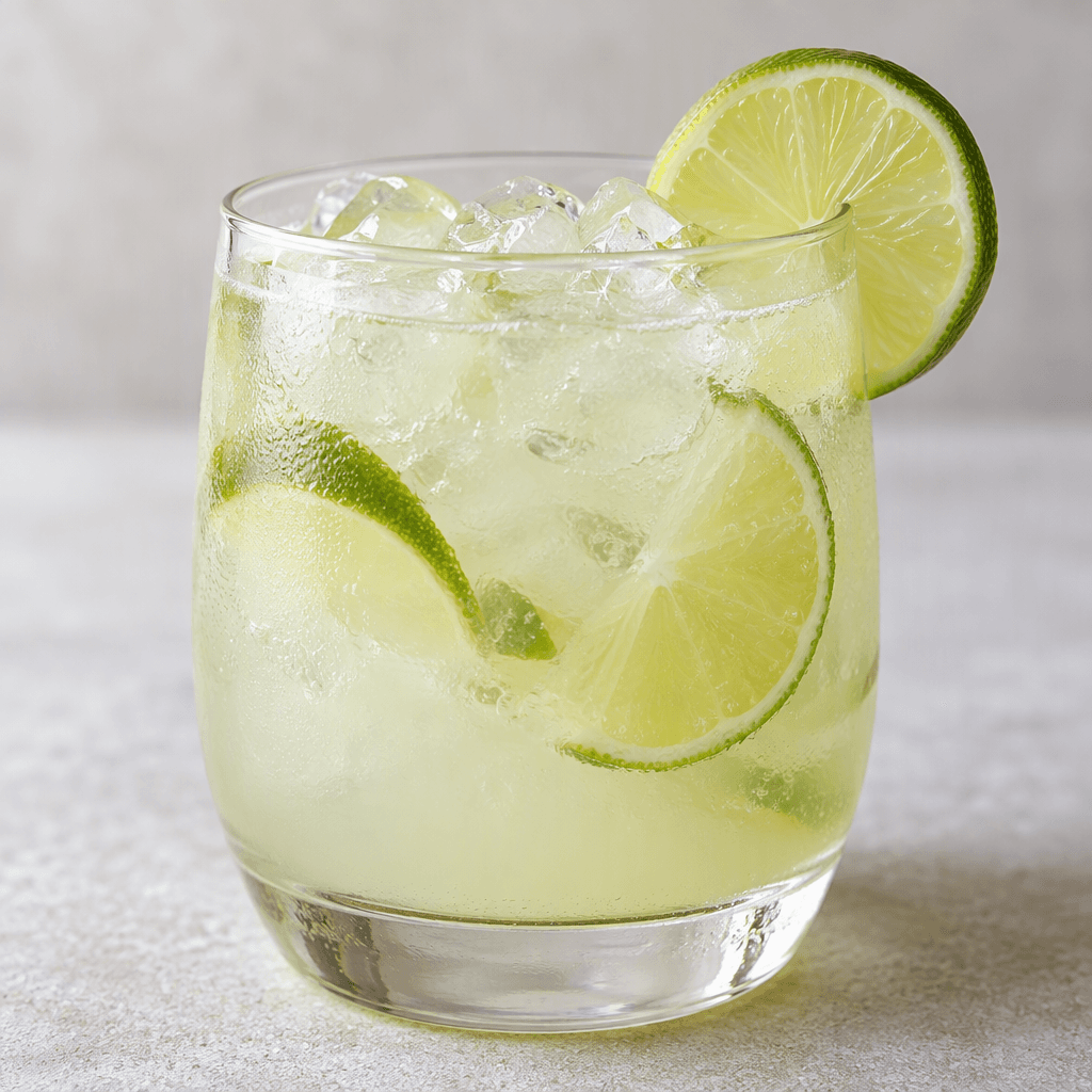 A pale yellow-green lime drink with a lightly cloudy, translucent appearance, served in a clear glass.