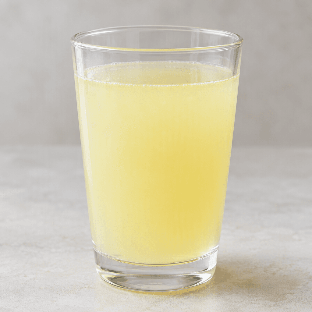 A pale yellow, slightly cloudy lemonade sits in a clear glass, with no visible garnish.