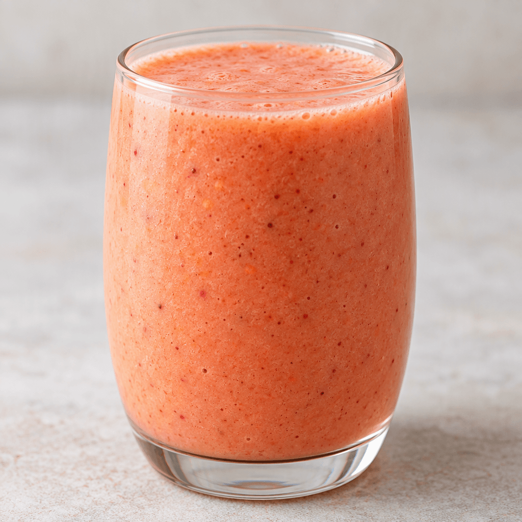 A thick, smooth mixed-fruit drink in a clear glass, with a uniform rosy-orange colour and a lightly frothy surface.