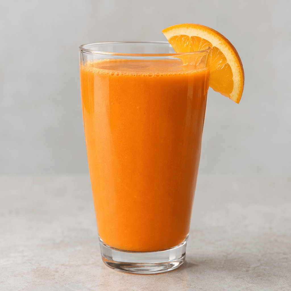 A smooth, opaque fruit-and-vegetable drink with a bright orange color, served in a clear glass.