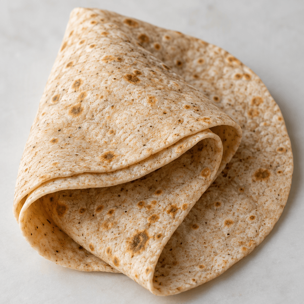 A thin, soft, pale-brown flatbread with fine darker grain flecks is folded into a loose wrap, with its layered edge visible.