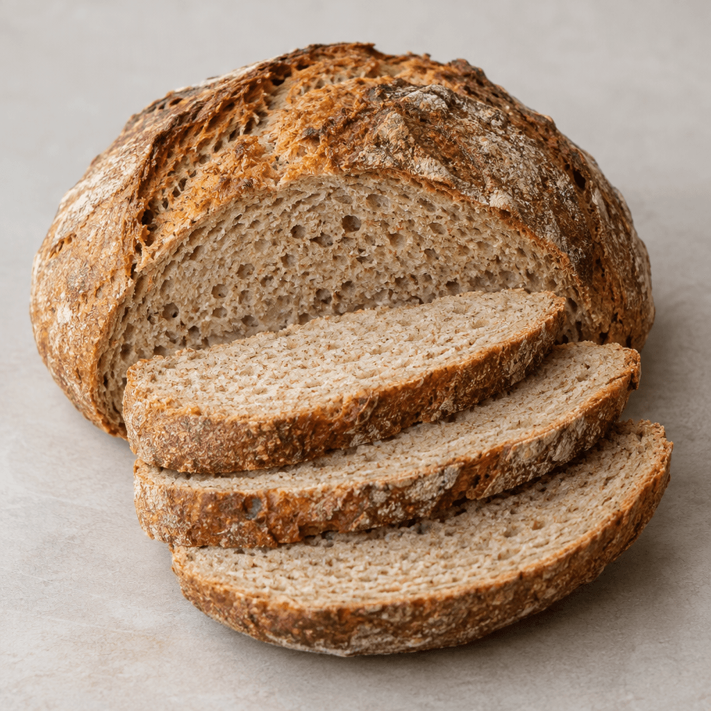 A rustic loaf of spelt bread with a deep golden-brown, lightly cracked crust and a compact, slightly coarse beige crumb visible in several thick slices.