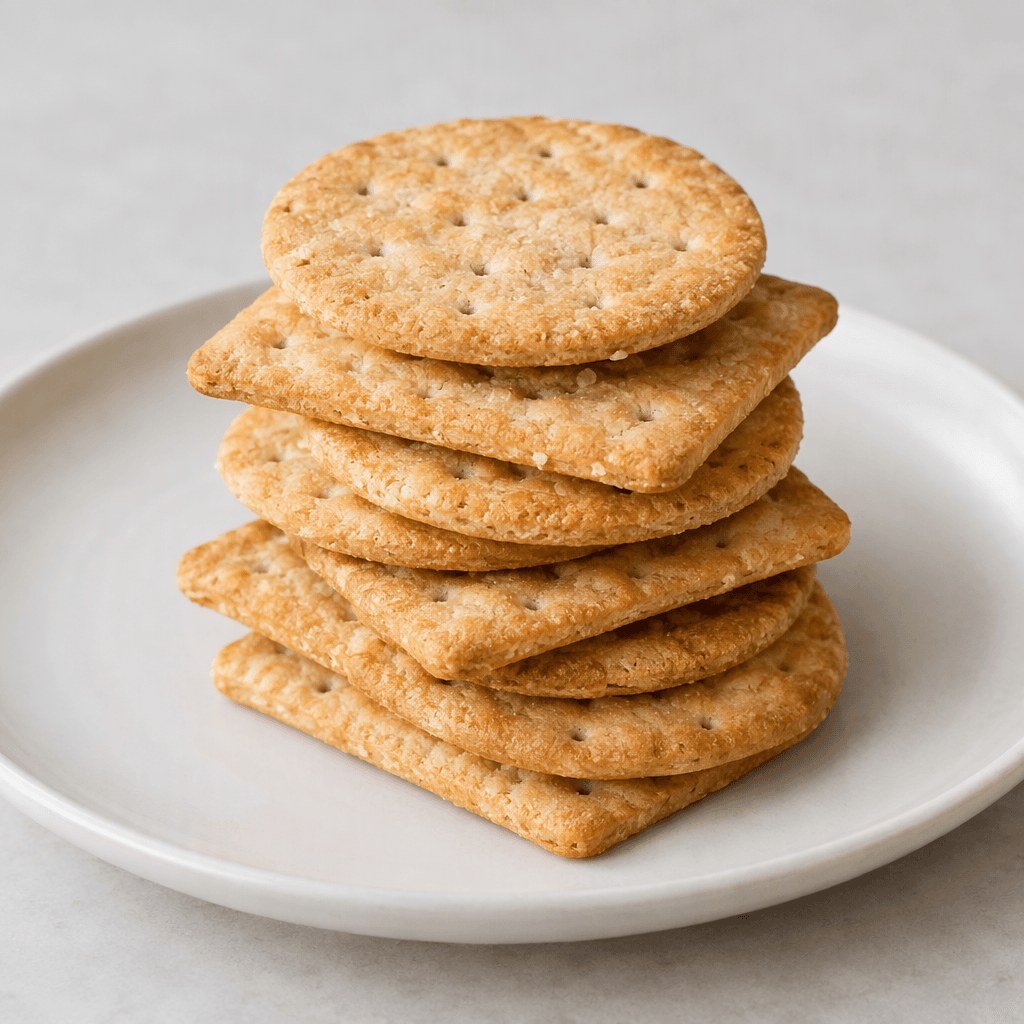 Thin, crisp, pale golden-brown biscuits in small round or rectangular shapes, with a lightly rough surface and tiny perforations, arranged in a neat stack on a plain plate.
