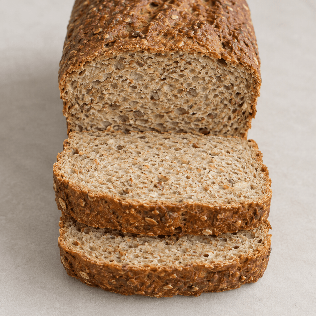 A compact rectangular loaf with a medium-brown crust, a dense pale-brown crumb, and small visible whole-grain flecks, shown in thick slices with the cut faces facing upward.