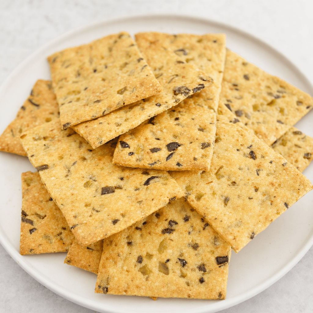 Thin, flat, golden-beige rectangular crackers with scattered green and dark olive flecks are arranged in a small overlapping pile on a plain plate.