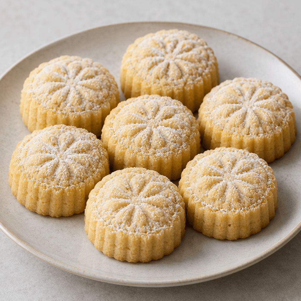 Small, round molded pastries with pale golden, finely crumbly-looking tops and stamped floral patterns are arranged on a plate, with a light dusting of powdered sugar.
