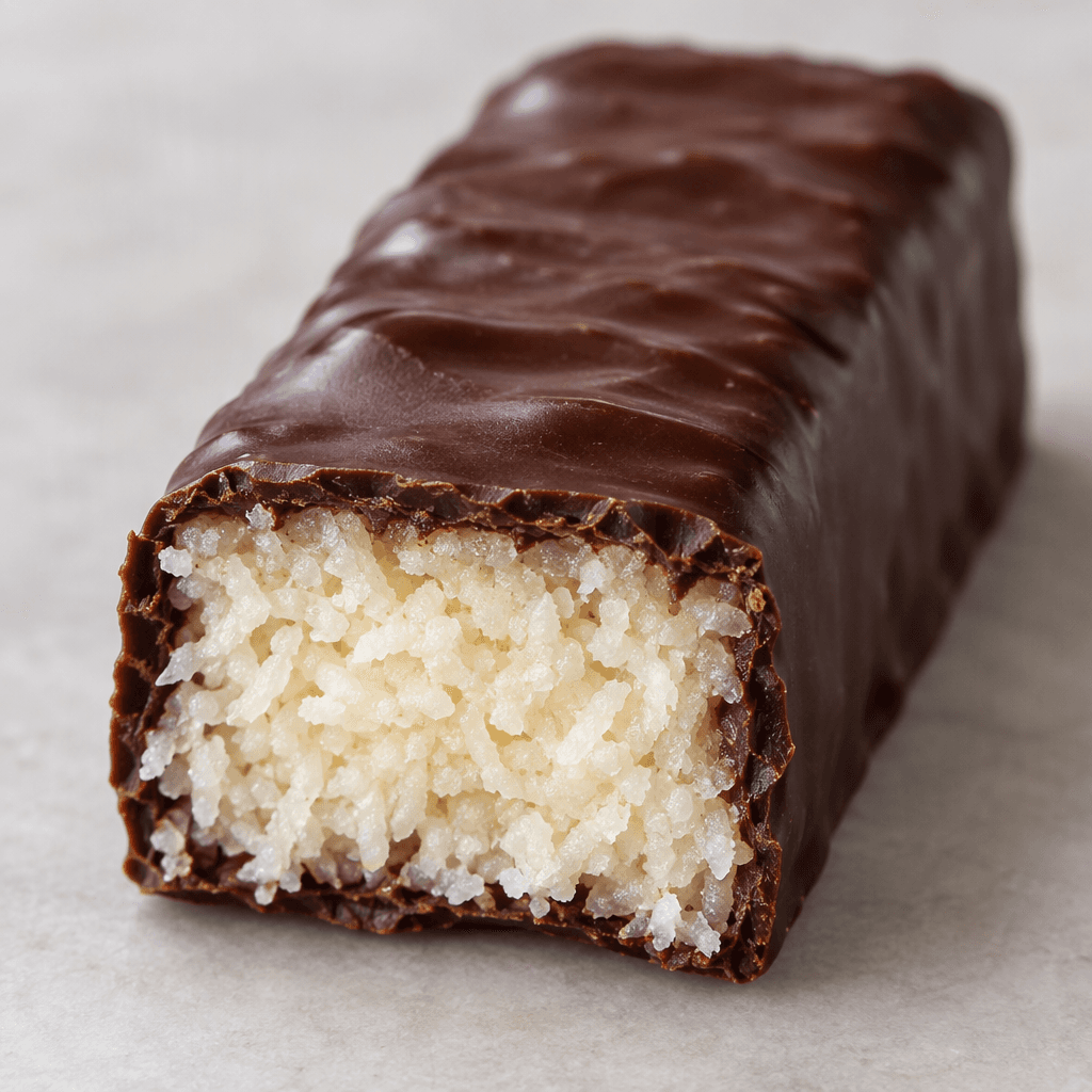 An elongated rectangular bar with a dark brown chocolate coating and a pale, fibrous coconut filling visible at the cut end.