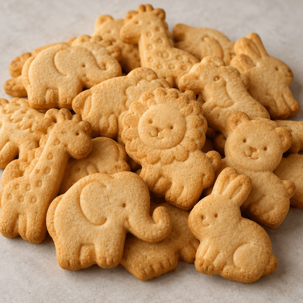 Small, pale golden-brown animal-shaped biscuits with crisp edges and lightly embossed outlines and facial details are piled together on a plain surface.