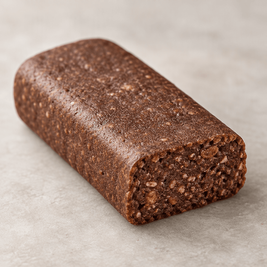 A compact, rectangular cocoa-brown protein bar with rounded corners, a matte, lightly textured surface and a dense-looking brown interior visible at one end.
